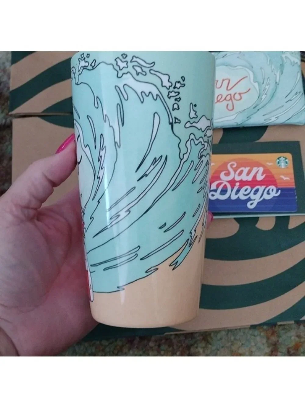 Starbucks San Diego Porcelain Travel Mug+ Zippered Wave Pouch + Blank GC